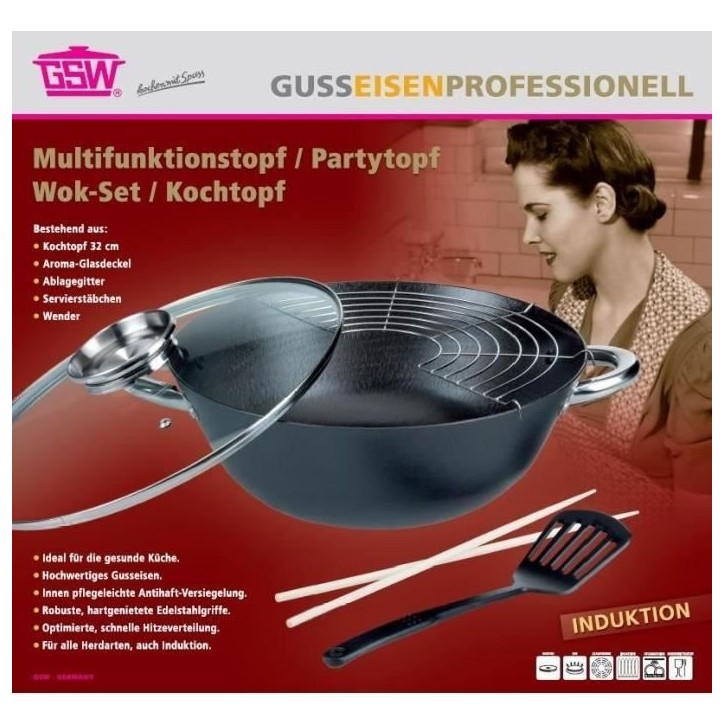 Wok multifonction 5 pieces - GSW - 860956 - Fonte d'acier - 32 cm - Tous feux dont induction Wok multifonction 5 pieces - GSW - 860956 - Fonte d'acier - 32 cm - Tous feux dont induction