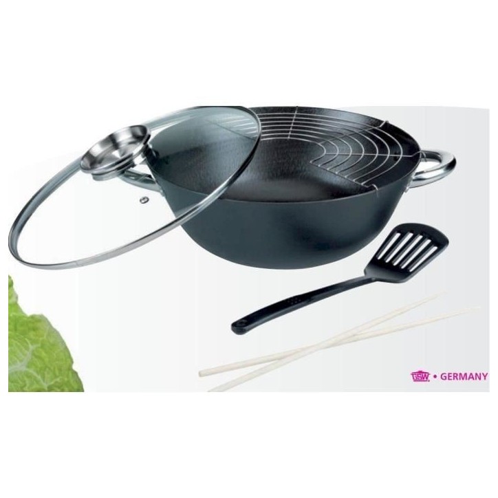 Wok multifonction 5 pieces - GSW - 860956 - Fonte d'acier - 32 cm - Tous feux dont induction Wok multifonction 5 pieces - GSW - 860956 - Fonte d'acier - 32 cm - Tous feux dont induction