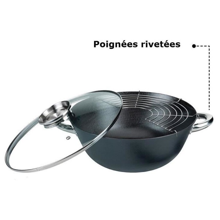 Wok multifonction 5 pieces - GSW - 860956 - Fonte d'acier - 32 cm - Tous feux dont induction Wok multifonction 5 pieces - GSW - 860956 - Fonte d'acier - 32 cm - Tous feux dont induction