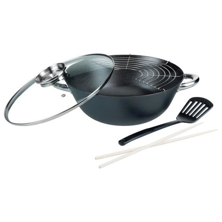 Wok multifonction 5 pieces - GSW - 860956 - Fonte d'acier - 32 cm - Tous feux dont induction Wok multifonction 5 pieces - GSW - 860956 - Fonte d'acier - 32 cm - Tous feux dont induction