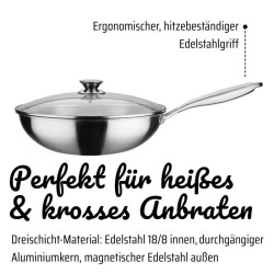 Wok professionnel - GSW - 32 cm - Induction - Acier inoxydable massif