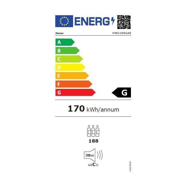 HAIER HWS188GAE - Cave a vin de vieillissement - Pose libre - 188 bouteilles - Mono zone - H185 x L59,5 cm - Noir HAIER HWS188GAE - Cave a vin de vieillissement - Pose libre - 188 bouteilles - Mono zone - H185 x L59,5 cm - Noir