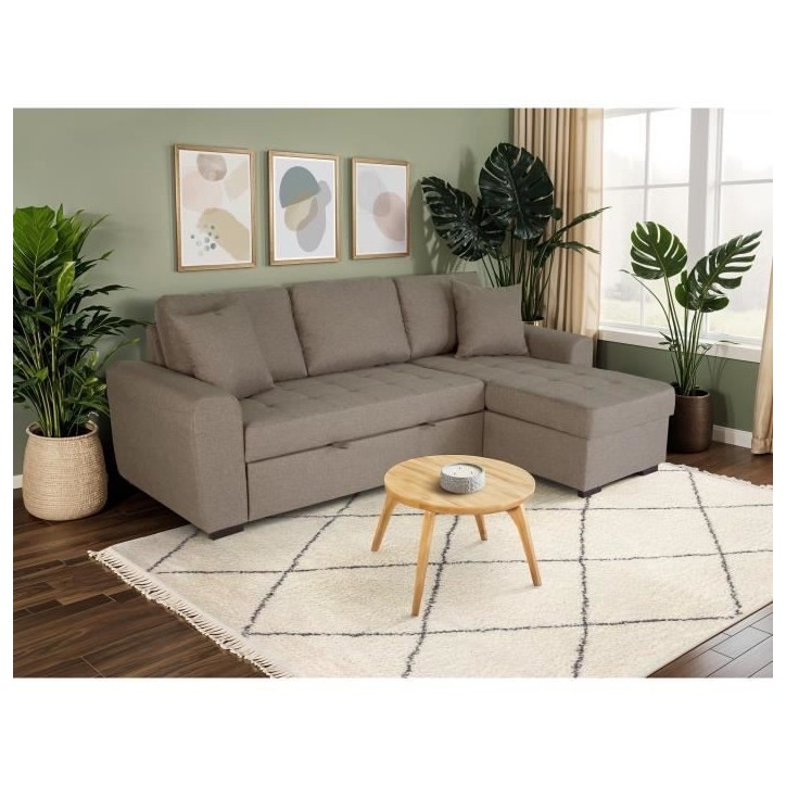 Canapé d'angle convertible réversible 4 places - Tissu beige - L 244 x P 151 x H 90 - HAMILTON - Fabriqué en Ukraine Canapé d'angle convertible réversible 4 places - Tissu beige - L 244 x P 151 x H 90 - HAMILTON - Fabriqué en Ukraine