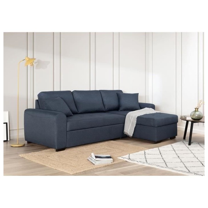 Canapé d'angle convertible réversible - 4 places - Tissu Bleu - HAMILTON - L 244 x P 151 x H 90 - Fabriqué en Ukraine Canapé d'angle convertible réversible - 4 places - Tissu Bleu - HAMILTON - L 244 x P 151 x H 90 - Fabriqué en Ukraine