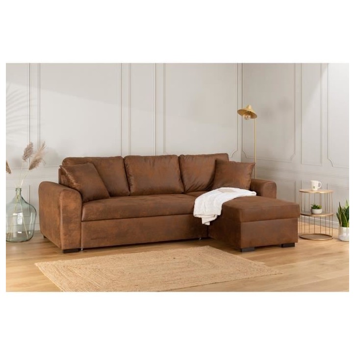 Canapé d'angle convertible réversible 4 places - Tissu Marron vintage - L 244 x P 151 x H 90 -HAMILTON -Fabriqué en Ukraine Canapé d'angle convertible réversible 4 places - Tissu Marron vintage - L 244 x P 151 x H 90 -HAMILTON -Fabriqué en Ukraine