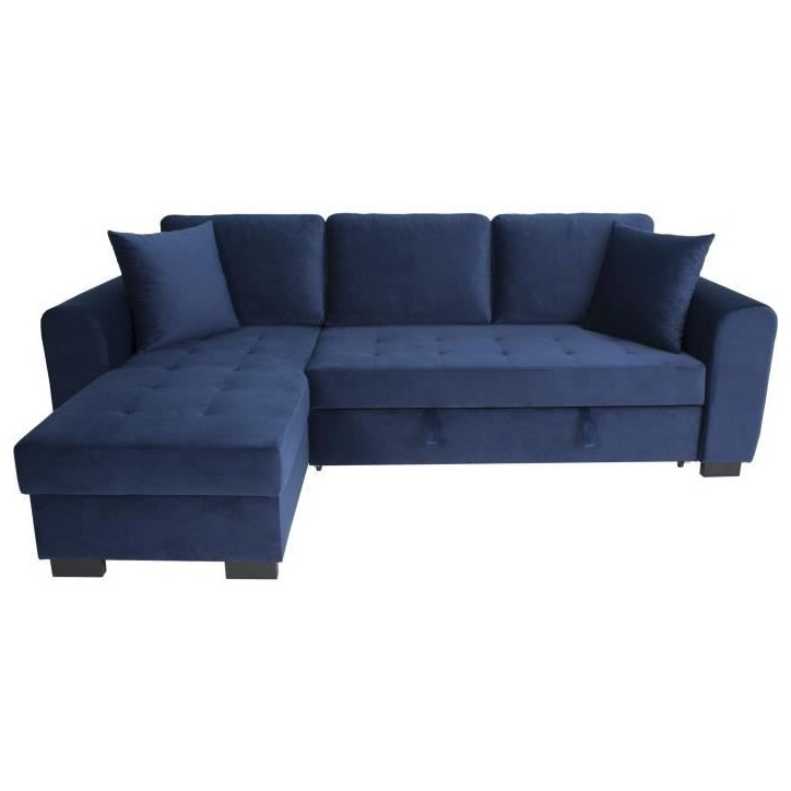 Canapé d'angle convertible HAMILTON 4 places - Tissu velours bleu - L 245 x P 140 x H 86 - Coffre de rangement