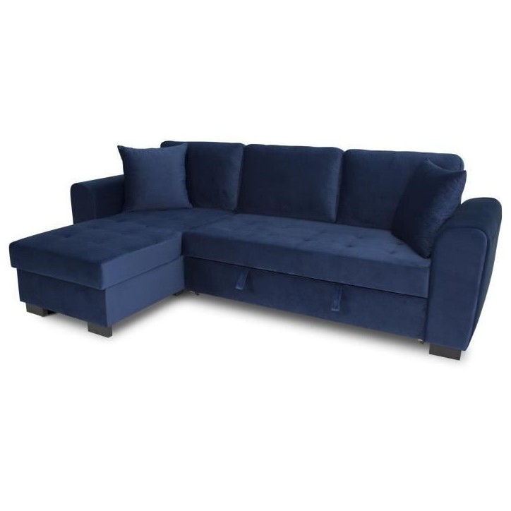 Canapé d'angle convertible HAMILTON 4 places - Tissu velours bleu - L 245 x P 140 x H 86 - Coffre de rangement
