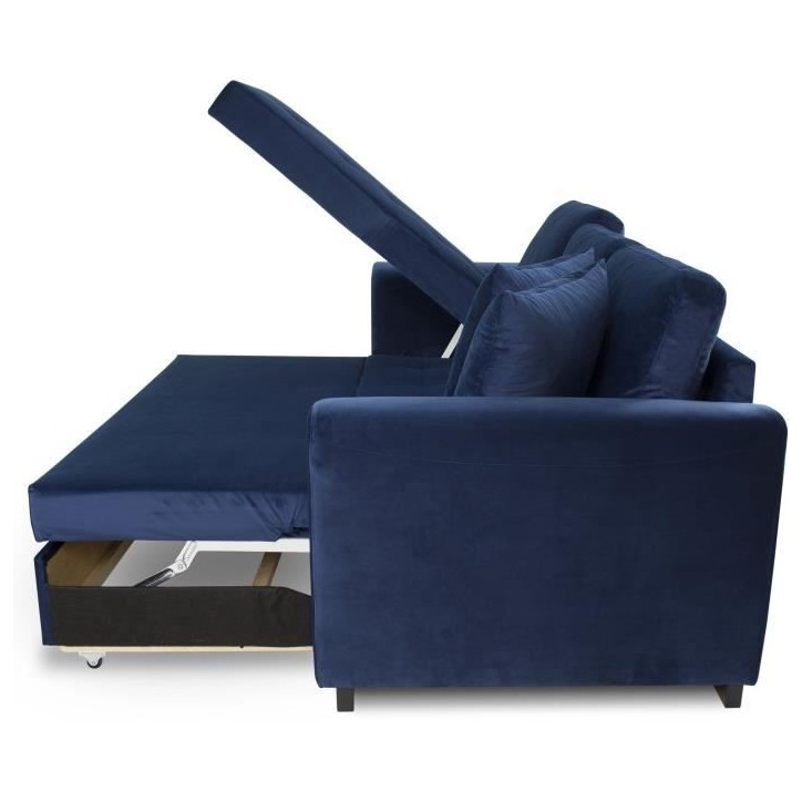 Canapé d'angle convertible HAMILTON 4 places - Tissu velours bleu - L 245 x P 140 x H 86 - Coffre de rangement