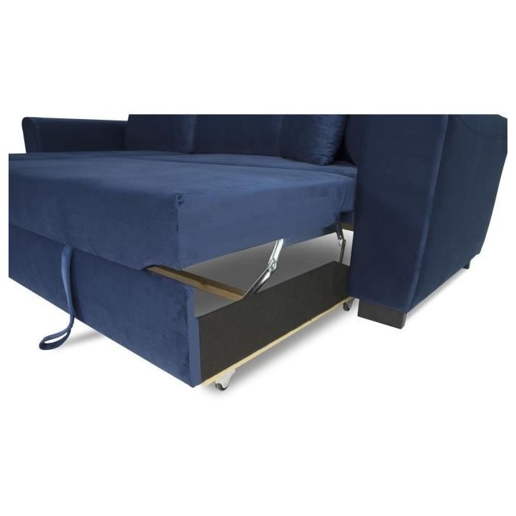 Canapé d'angle convertible HAMILTON 4 places - Tissu velours bleu - L 245 x P 140 x H 86 - Coffre de rangement