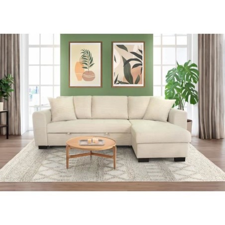 Canapé d'angle convertible réversible - 4 places - HAMILTON - Velours Beige - L 245 x P 150 x H 86 - Fabriqué en Ukraine