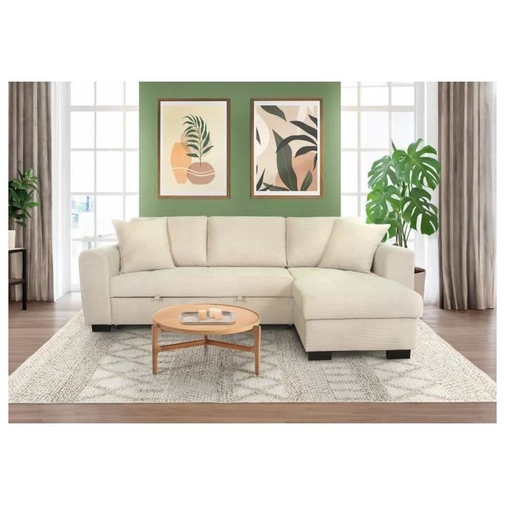 Canapé d'angle convertible réversible - 4 places - HAMILTON - Velours Beige - L 245 x P 150 x H 86 - Fabriqué en Ukraine Canapé d'angle convertible réversible - 4 places - HAMILTON - Velours Beige - L 245 x P 150 x H 86 - Fabriqué en Ukraine