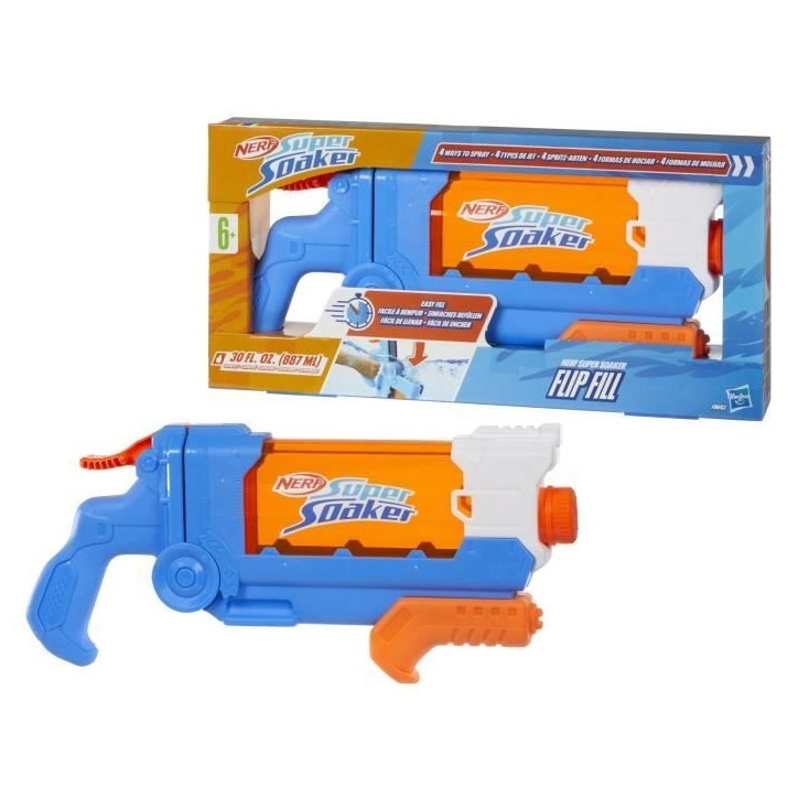 Nerf Super Soaker Flip Fill, Pistolet a eau avec 4 styles de jet, remplissage rapide, capacité de 887 mL d'eau, jouets des 6