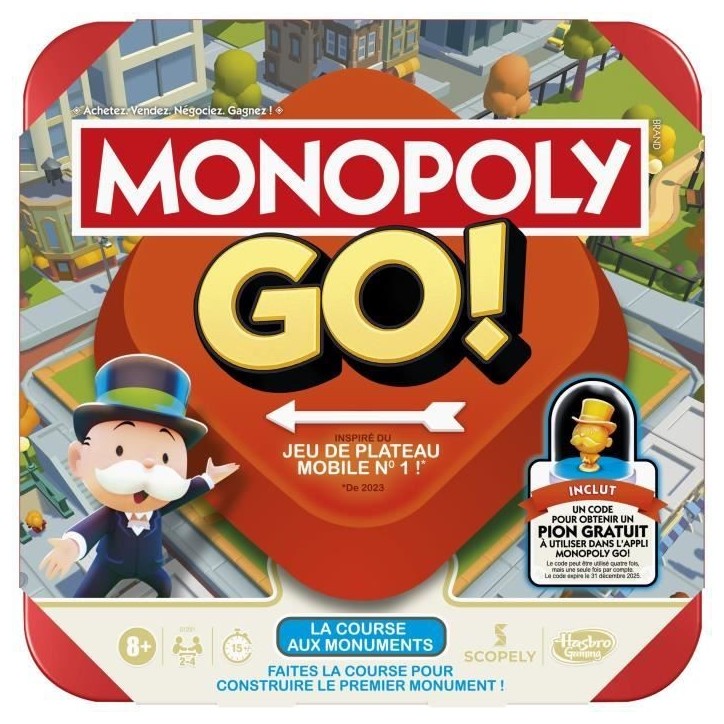 Monopoly GO!, Jeu de société, Jeu de plateau familial, Durée 15 min, Inspiré du jeu mobile, a partir de 8 ans Monopoly GO!, Jeu de société, Jeu de plateau familial, Durée 15 min, Inspiré du jeu mobile, a partir de 8 ans