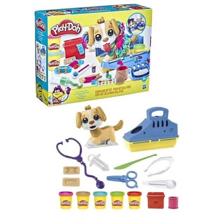 Play-Doh Le cabinet vétérinaire avec chien, avec 5 pots de pâte a modeler et 10 outils, jouet périscolaire, Les classiques