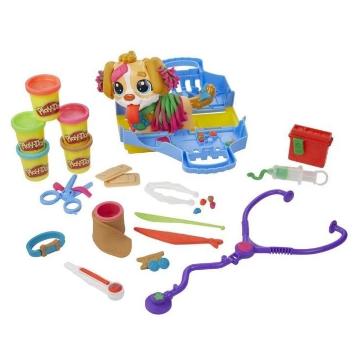 Play-Doh Le cabinet vétérinaire avec chien, avec 5 pots de pâte a modeler et 10 outils, jouet périscolaire, Les classiques