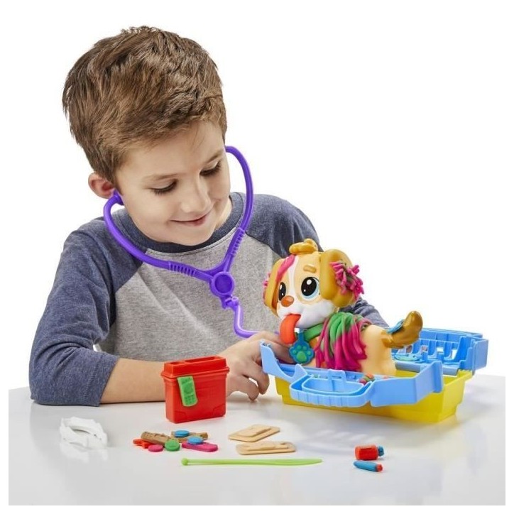 Play-Doh Le cabinet vétérinaire avec chien, avec 5 pots de pâte a modeler et 10 outils, jouet périscolaire, Les classiques