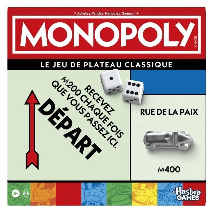 Monopoly classique, jeu de société de plateau, avec boîte de rangement et pions grand format, 2 a 6 joueurs, version FR, des