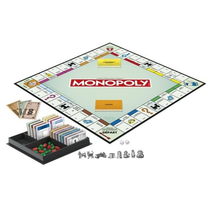 Monopoly classique, jeu de société de plateau, avec boîte de rangement et pions grand format, 2 a 6 joueurs, version FR, des