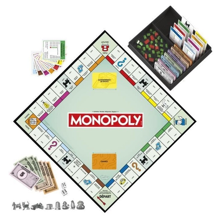 Monopoly classique, jeu de société de plateau, avec boîte de rangement et pions grand format, 2 a 6 joueurs, version FR, des
