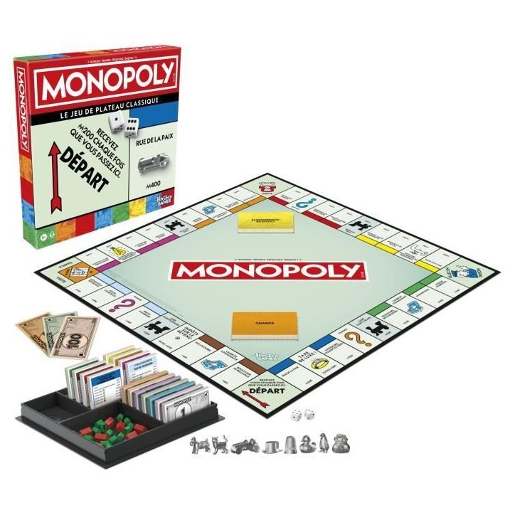 Monopoly classique, jeu de société de plateau, avec boîte de rangement et pions grand format, 2 a 6 joueurs, version FR, des
