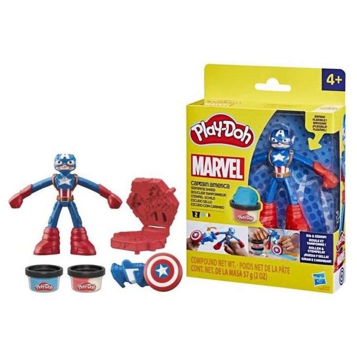 Play-Doh Captain America, coffret Bouclier tamponneur avec figurine flexible, accessoires et pâte a modeler, des 4 ans, Marvel
