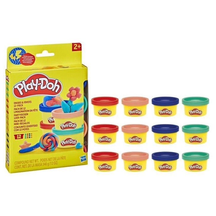 Play-Doh Pack de 12 L'imagination en fete, autocollants et pots de pâte a modeler de 28 g, petits cadeaux, loisirs créatifs p