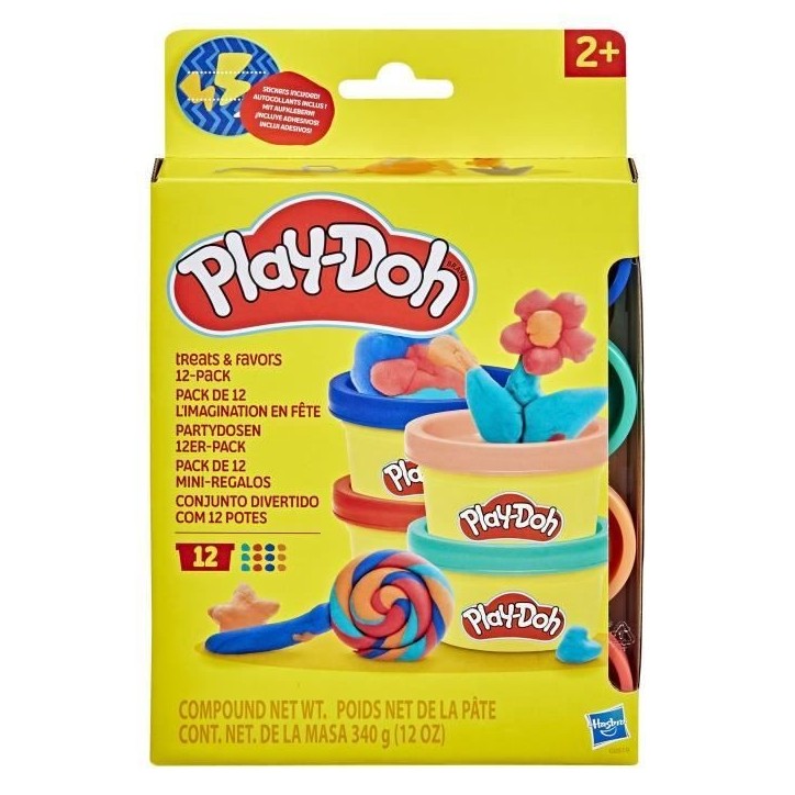Play-Doh Pack de 12 L'imagination en fete, autocollants et pots de pâte a modeler de 28 g, petits cadeaux, loisirs créatifs p