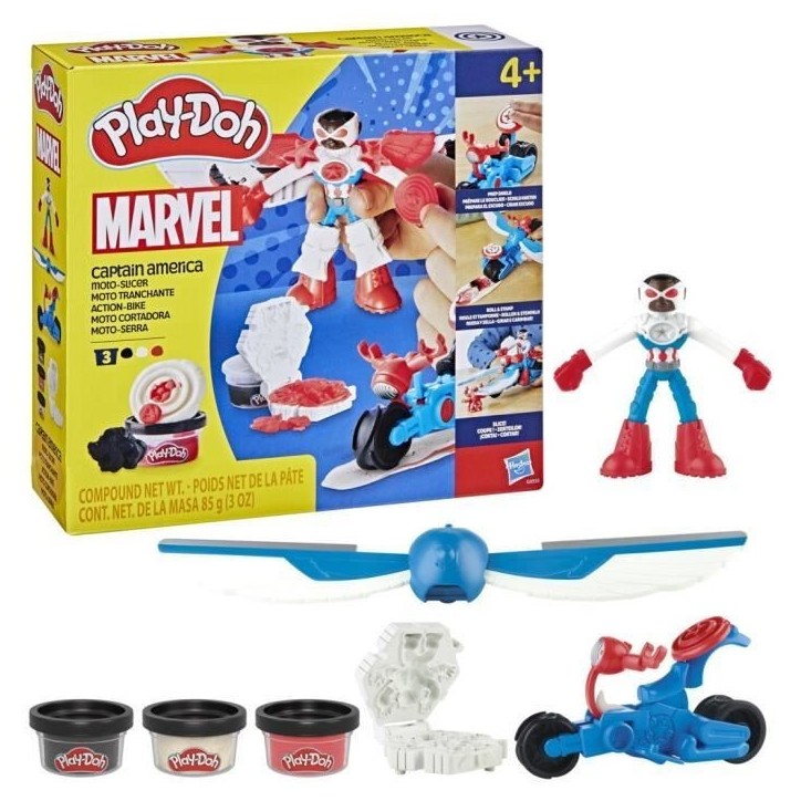 Play-Doh Captain America, coffret Moto tranchante avec figurine flexible, 3 accessoires et pâte a modeler, des 4 ans, Marvel Play-Doh Captain America, coffret Moto tranchante avec figurine flexible, 3 accessoires et pâte a modeler, des 4 ans, Marvel