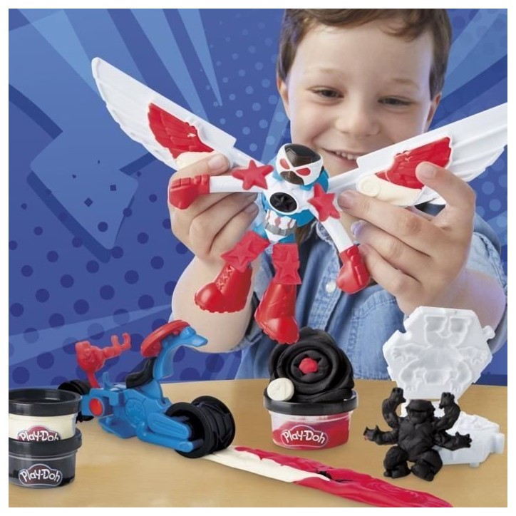 Play-Doh Captain America, coffret Moto tranchante avec figurine flexible, 3 accessoires et pâte a modeler, des 4 ans, Marvel Play-Doh Captain America, coffret Moto tranchante avec figurine flexible, 3 accessoires et pâte a modeler, des 4 ans, Marvel