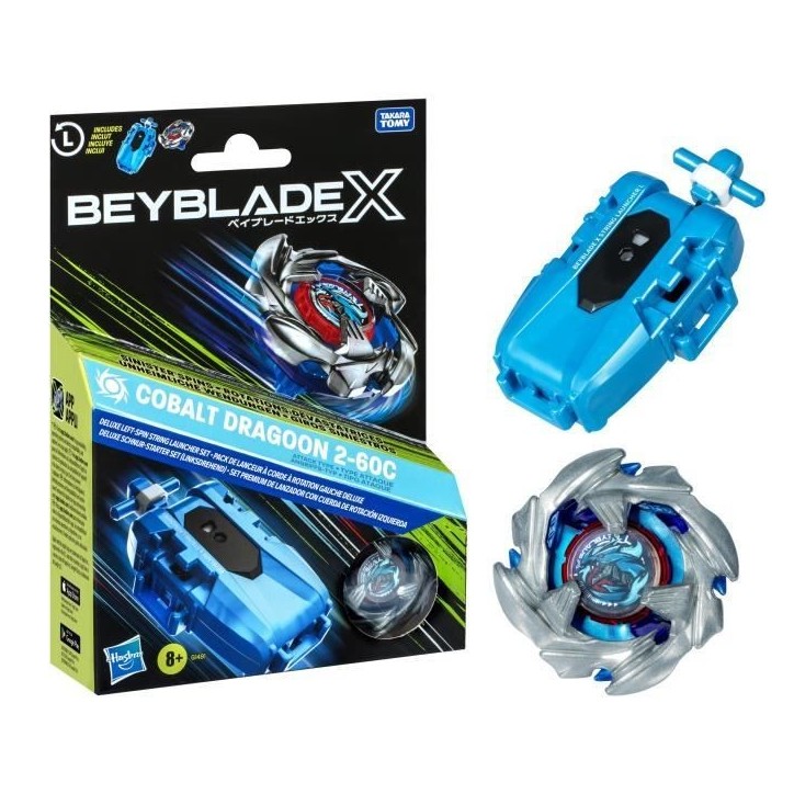 Beyblade X pack Cobalt Dragoon 2-60C avec lanceur a corde deluxe, toupie a rotation gauche, des 8 ans Beyblade X pack Cobalt Dragoon 2-60C avec lanceur a corde deluxe, toupie a rotation gauche, des 8 ans
