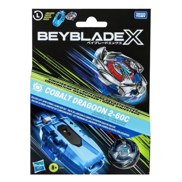Beyblade X pack Cobalt Dragoon 2-60C avec lanceur a corde deluxe, toupie a rotation gauche, des 8 ans Beyblade X pack Cobalt Dragoon 2-60C avec lanceur a corde deluxe, toupie a rotation gauche, des 8 ans