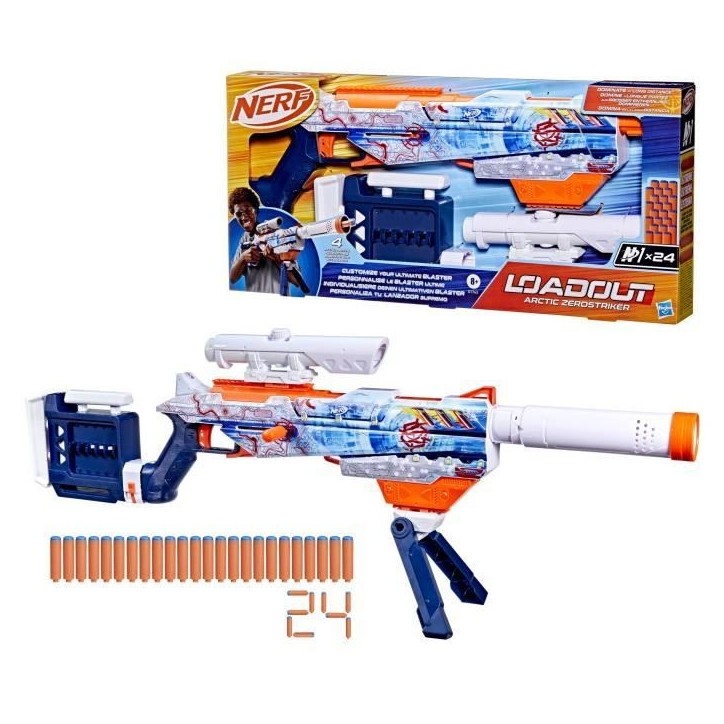 Nerf Loadout Arctic Zerostriker, blaster avec 4 accessoires interchangeables, 24 fléchettes Nerf N1, chargeur interne 6 flé Nerf Loadout Arctic Zerostriker, blaster avec 4 accessoires interchangeables, 24 fléchettes Nerf N1, chargeur interne 6 flé