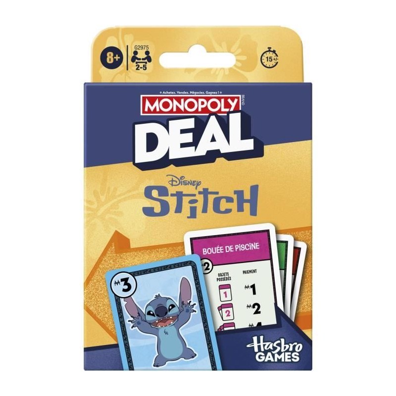 Monopoly Deal Stitch, Jeu de cartes rapide 15 min, Hasbro Games, Des 8 Monopoly Deal Stitch, Jeu de cartes rapide 15 min, Hasbro Games, Des 8