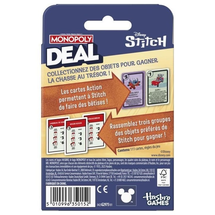 Monopoly Deal Stitch, Jeu de cartes rapide 15 min, Hasbro Games, Des 8 ans