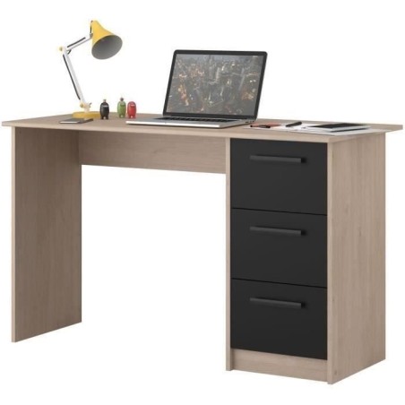 PARISOT Bureau droit 3 tiroirs - Décor chene/noir - L 121,4 x P 55 x