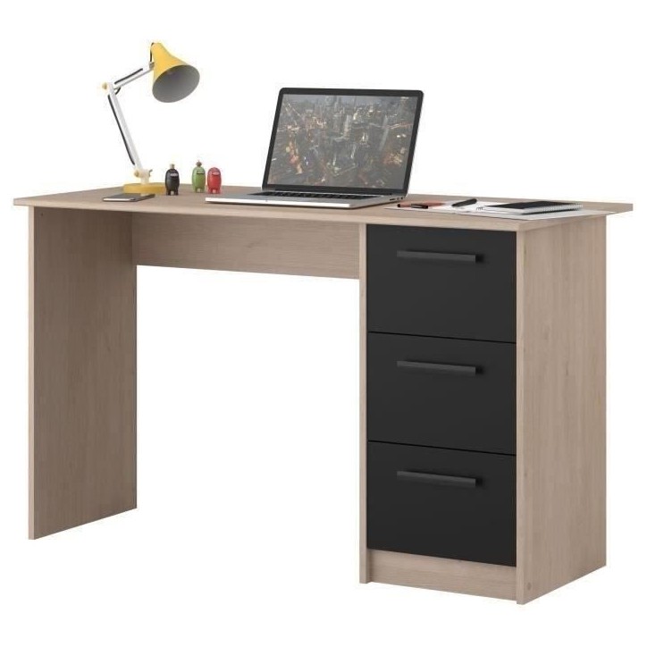 PARISOT Bureau droit 3 tiroirs - Décor chene/noir - L 121,4 x P 55 x H 74.5 cm - ESSENTIEL PARISOT Bureau droit 3 tiroirs - Décor chene/noir - L 121,4 x P 55 x H 74.5 cm - ESSENTIEL