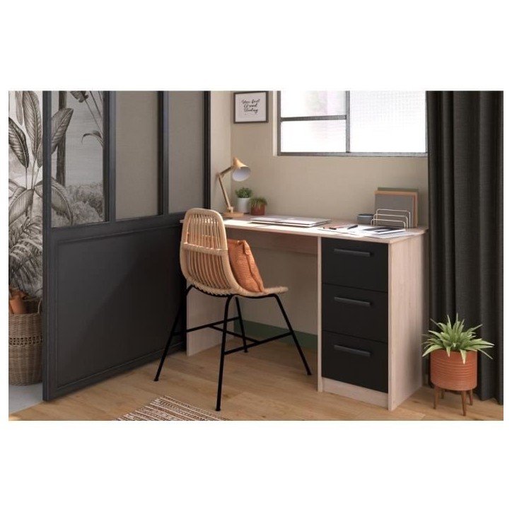 PARISOT Bureau droit 3 tiroirs - Décor chene/noir - L 121,4 x P 55 x H 74.5 cm - ESSENTIEL PARISOT Bureau droit 3 tiroirs - Décor chene/noir - L 121,4 x P 55 x H 74.5 cm - ESSENTIEL