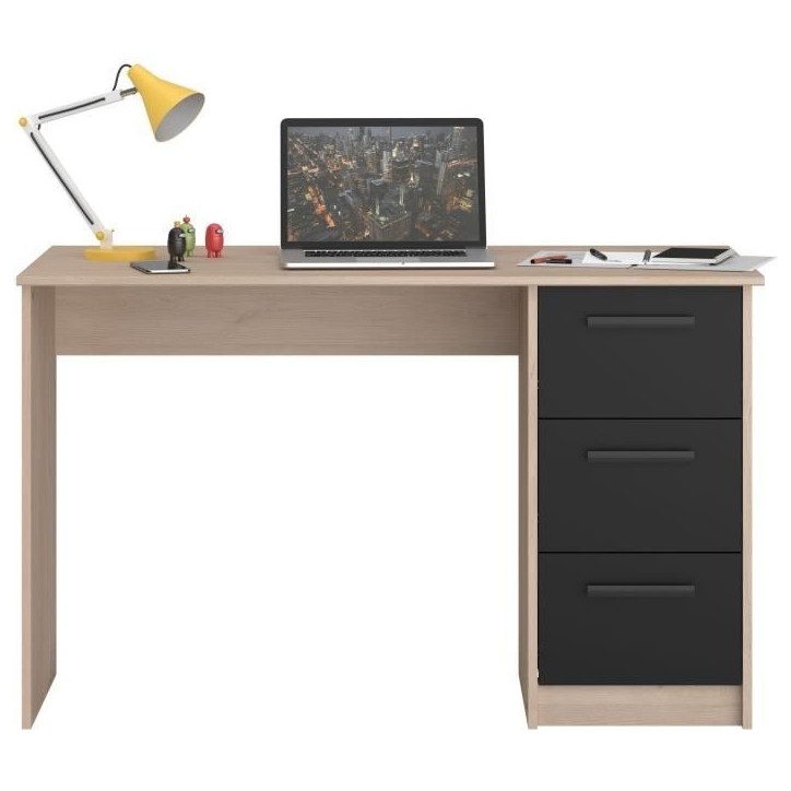 PARISOT Bureau droit 3 tiroirs - Décor chene/noir - L 121,4 x P 55 x H 74.5 cm - ESSENTIEL PARISOT Bureau droit 3 tiroirs - Décor chene/noir - L 121,4 x P 55 x H 74.5 cm - ESSENTIEL