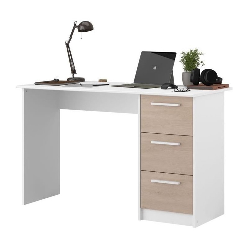 Bureau droit ESSENTIEL - 3 tiroirs - Décor chene et blanc - L 121,2 x Bureau droit ESSENTIEL - 3 tiroirs - Décor chene et blanc - L 121,2 x