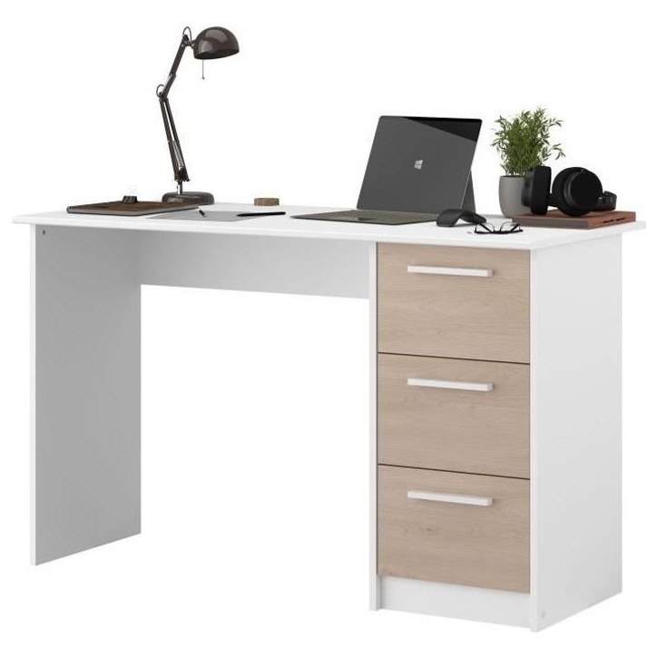 Bureau droit ESSENTIEL - 3 tiroirs - Décor chene et blanc - L 121,2 x P 55 x H 74,5 cm - PARISOT