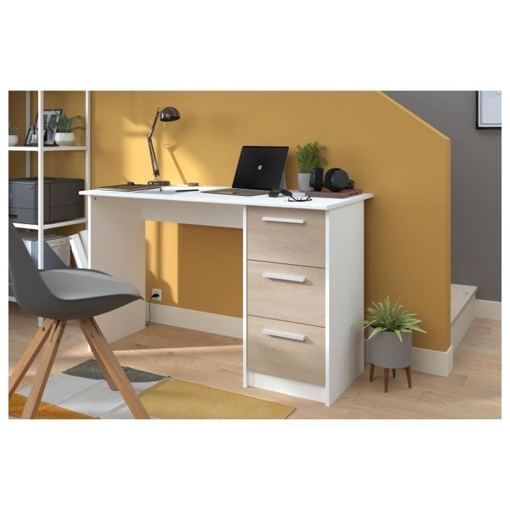 Bureau droit ESSENTIEL - 3 tiroirs - Décor chene et blanc - L 121,2 x P 55 x H 74,5 cm - PARISOT