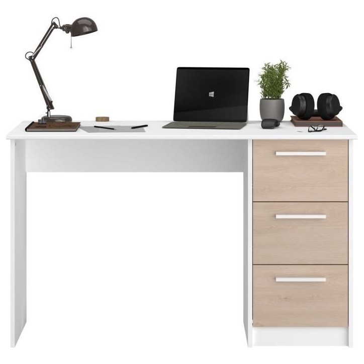 Bureau droit ESSENTIEL - 3 tiroirs - Décor chene et blanc - L 121,2 x P 55 x H 74,5 cm - PARISOT