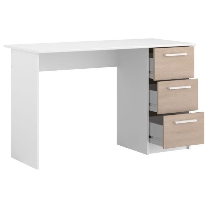 Bureau droit ESSENTIEL - 3 tiroirs - Décor chene et blanc - L 121,2 x P 55 x H 74,5 cm - PARISOT