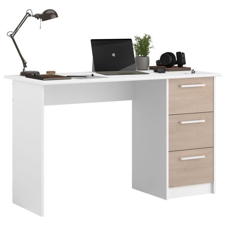 Bureau droit ESSENTIEL - 3 tiroirs - Décor chene et blanc - L 121,2 x P 55 x H 74,5 cm - PARISOT