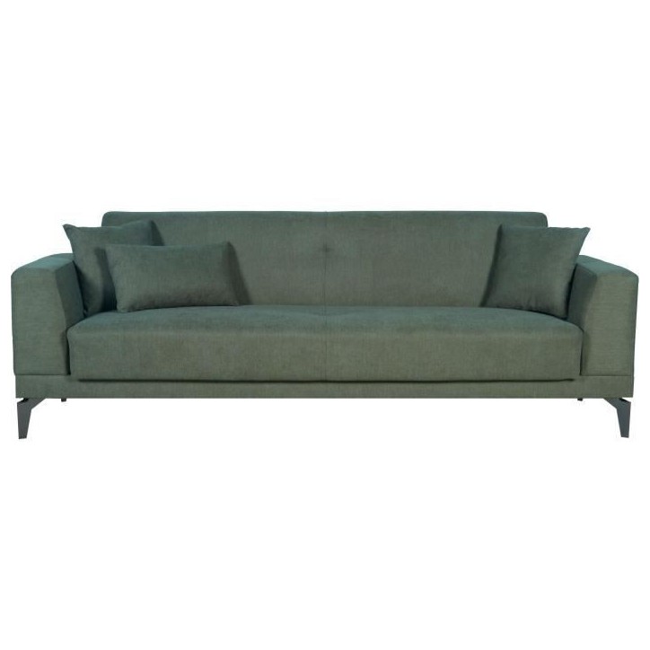 Canapé convertible 3 places - HENRY - Tissu vert foncé - 3 coussins - coffre de rangement - 234 x 85 x 84 cm Canapé convertible 3 places - HENRY - Tissu vert foncé - 3 coussins - coffre de rangement - 234 x 85 x 84 cm
