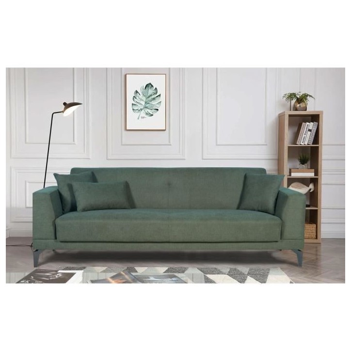 Canapé convertible 3 places - HENRY - Tissu vert foncé - 3 coussins - coffre de rangement - 234 x 85 x 84 cm Canapé convertible 3 places - HENRY - Tissu vert foncé - 3 coussins - coffre de rangement - 234 x 85 x 84 cm