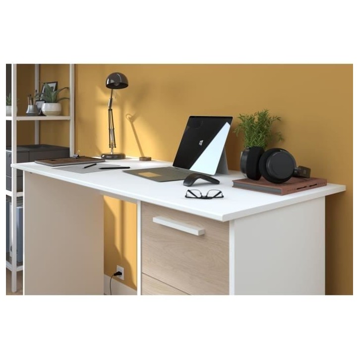 Bureau droit ESSENTIEL - 3 tiroirs - Décor chene et blanc - L 121,2 x P 55 x H 74,5 cm - PARISOT