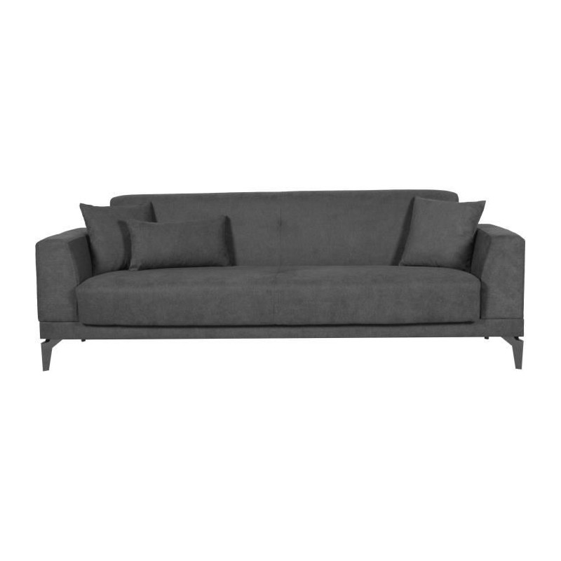 Canapé convertible 3 places - HENRY - Tissu gris clair - 3 coussins - Canapé convertible 3 places - HENRY - Tissu gris clair - 3 coussins -