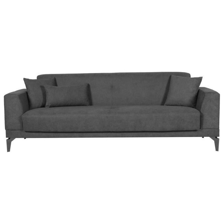 Canapé convertible 3 places - HENRY - Tissu gris clair - 3 coussins - coffre de rangement - 234 x 85 x 84 cm Canapé convertible 3 places - HENRY - Tissu gris clair - 3 coussins - coffre de rangement - 234 x 85 x 84 cm