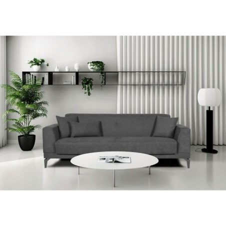 Canapé convertible 3 places - HENRY - Tissu gris clair - 3 coussins - coffre de rangement - 234 x 85 x 84 cm